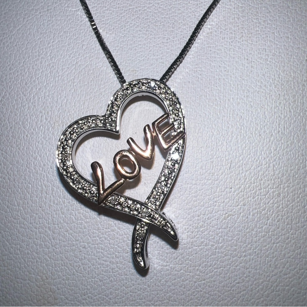 Love Heart Pendant Necklace in Silver with Rose Gold Accent - Women Jewelry